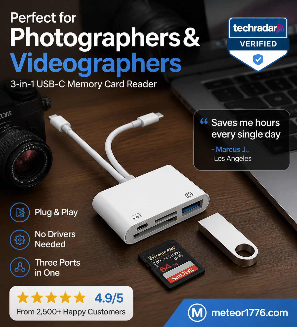 3-in-1 USB-C Memory Card Reader – Read SD, microSD & CF Cards, Plug & Play
