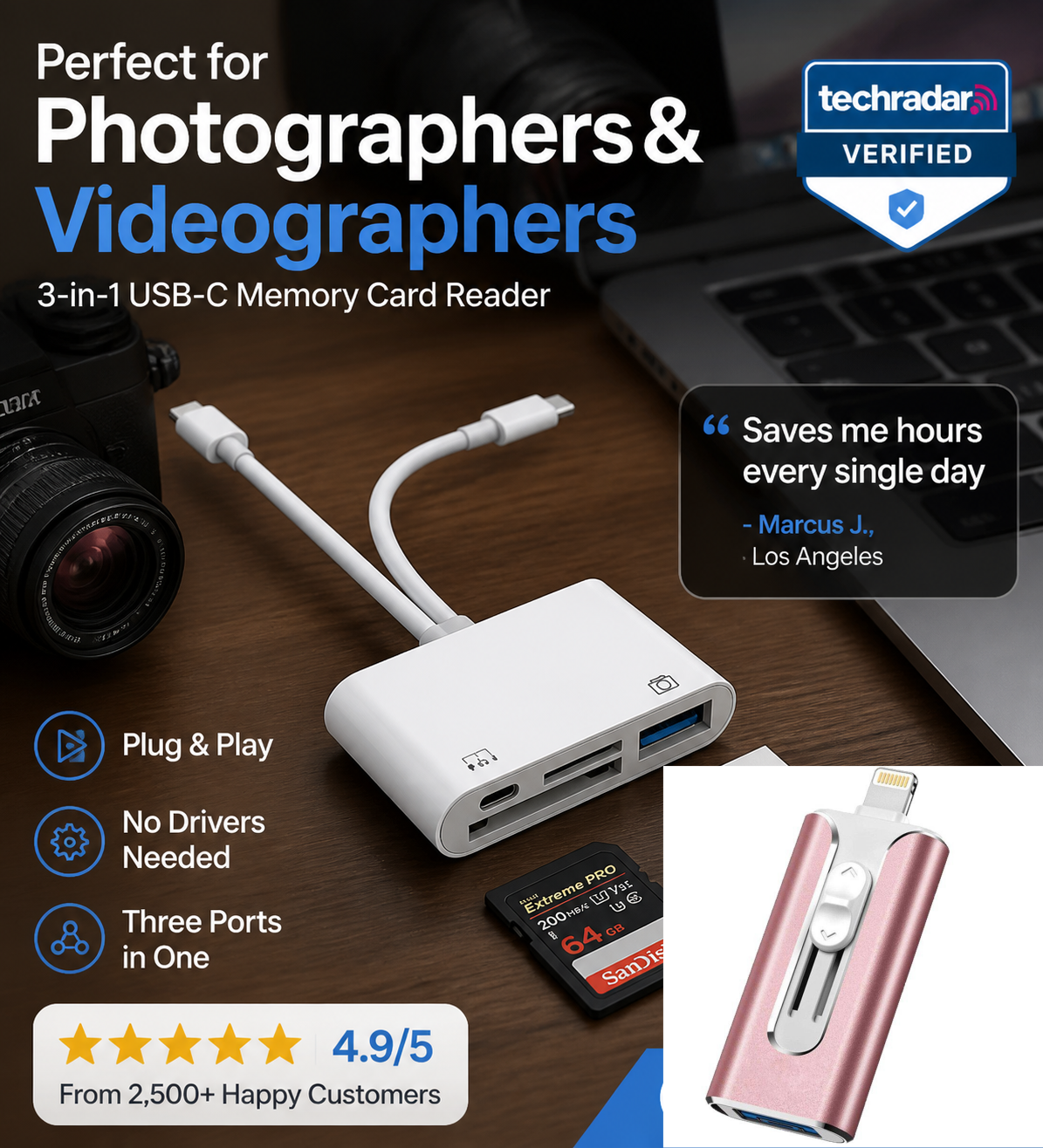 3-in-1 USB-C Memory Card Reader – Read SD, microSD & CF Cards, Plug & Play