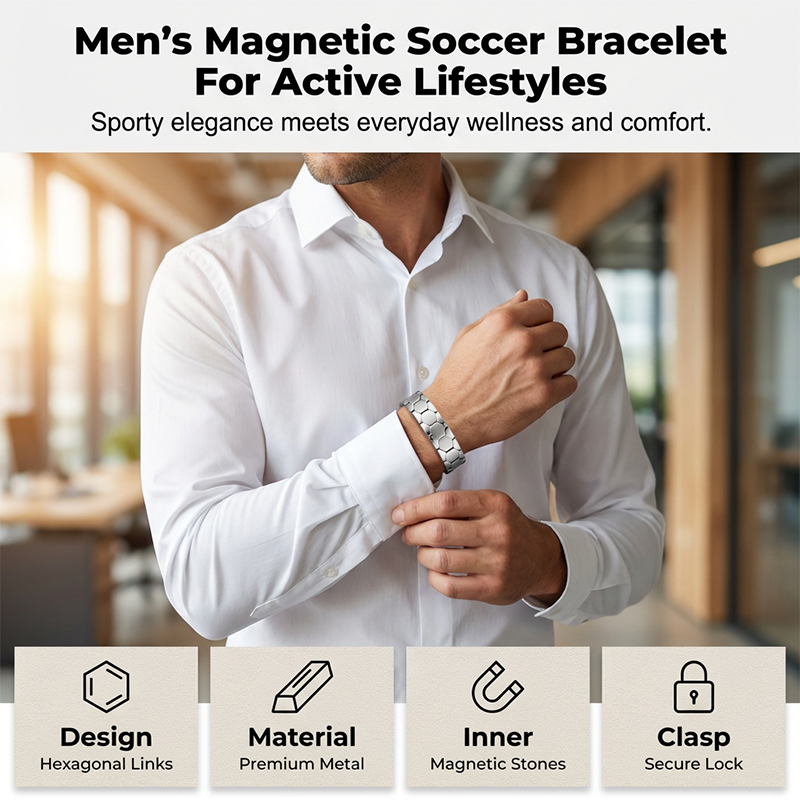 Men's Magnetic Soccer Bracelet: Hexagonal Design, Stainless Steel, Adjustable Links