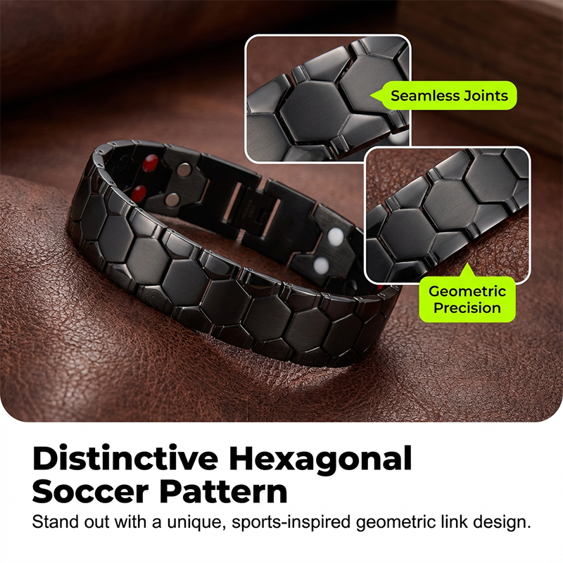 Men's Magnetic Soccer Bracelet: Hexagonal Design, Stainless Steel, Adjustable Links