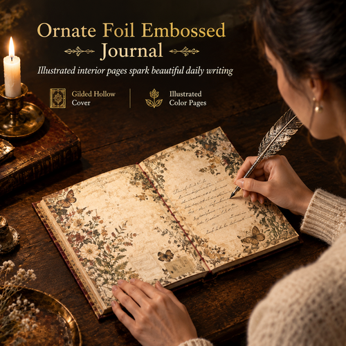 Vintage European Style Hardcover Journal Notebook with Hollow Out Cover Gold Foil Accents and Color Illustrated Pages