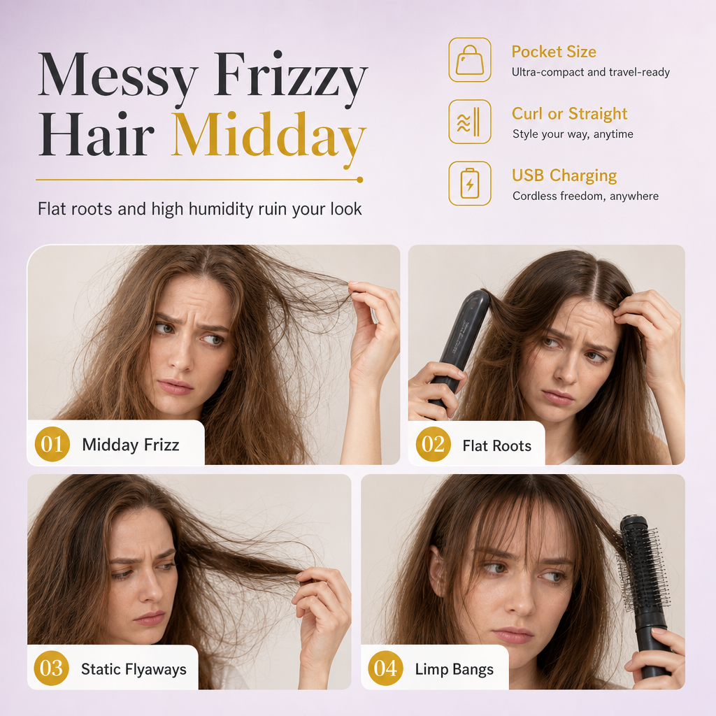 Portable Cordless Mini Hair Straightener Brush USB Rechargeable Electric Heated Styling Comb for Bangs and Curling